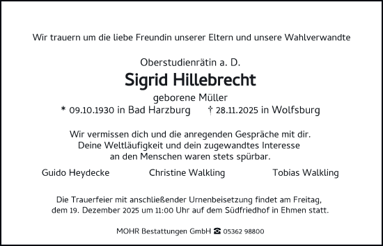 Traueranzeige von Sigrid Hillebrecht von Braunschweiger Zeitung, Wolfsburger Nachrichten