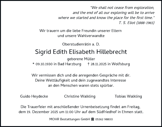 Traueranzeige von Sigrid Edith Elisabeth Hillebrecht von Braunschweiger Zeitung, Wolfsburger Nachrichten