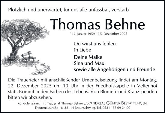 Traueranzeige von Thomas Behne von Braunschweiger Zeitung