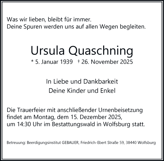 Traueranzeige von Ursula Quaschning von Braunschweiger Zeitung, Wolfsburger Nachrichten