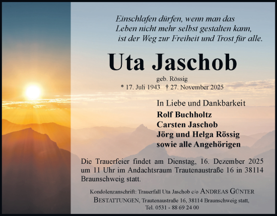 Traueranzeige von Uta Jaschob von Braunschweiger Zeitung