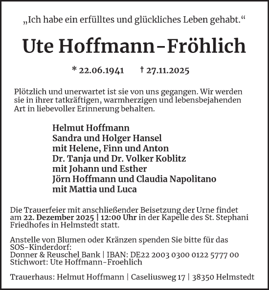 Traueranzeige von Ute Hoffmann-Fröhlich von Helmstedter Nachrichten