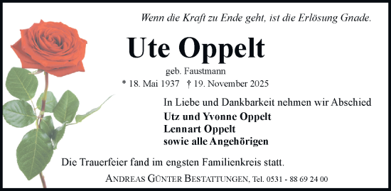 Traueranzeige von Ute Oppelt von Helmstedter Nachrichten