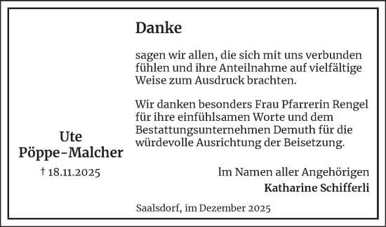 Traueranzeige von Ute Pöppe-Malcher von Braunschweiger Zeitung, Wolfsburger Nachrichten
