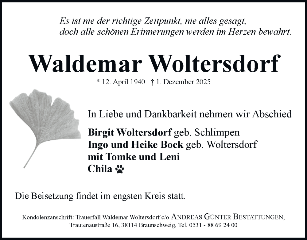  Traueranzeige für Waldemar Woltersdorf vom 06.12.2025 aus Braunschweiger Zeitung
