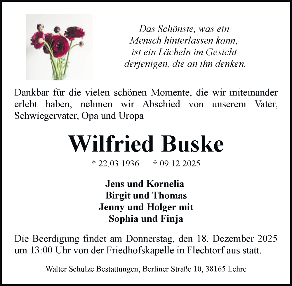  Traueranzeige für Wilfried Buske vom 13.12.2025 aus Helmstedter Nachrichten
