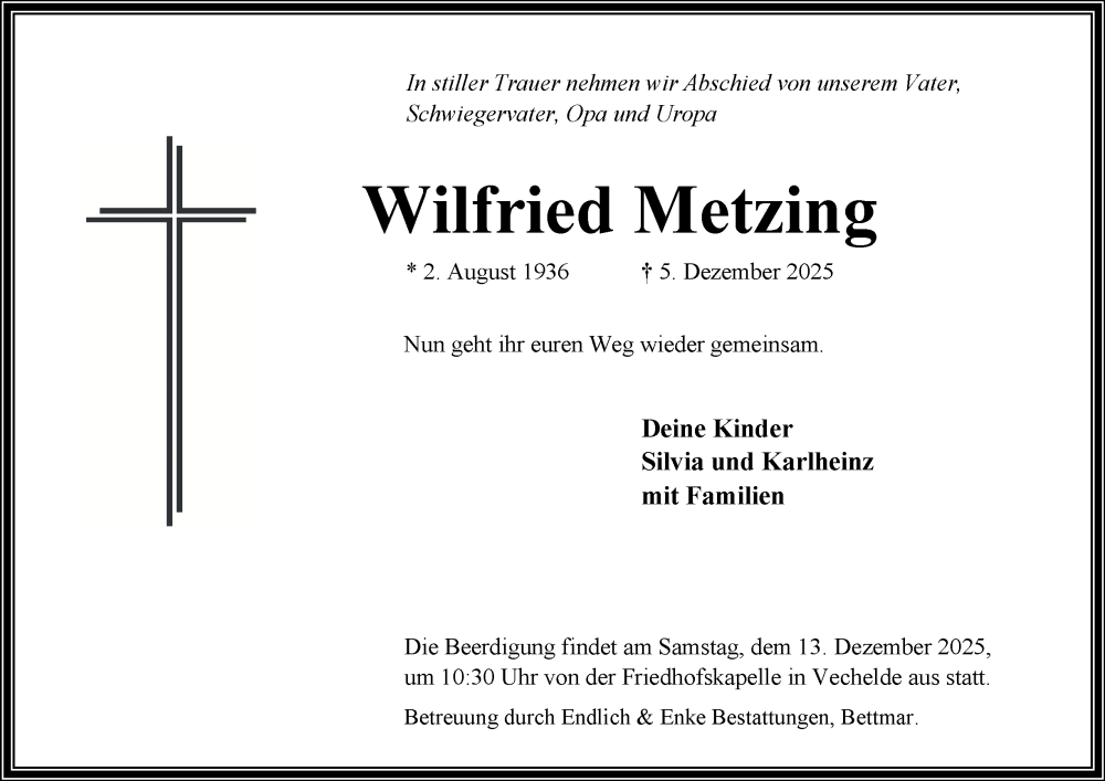  Traueranzeige für Wilfried Metzing vom 13.12.2025 aus Peiner Nachrichten