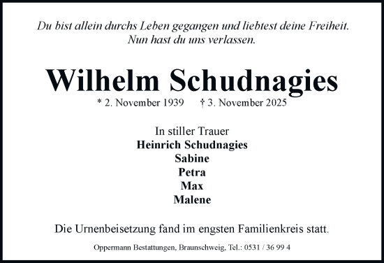 Traueranzeige von Wilhelm Schudnagies von Wolfenbütteler Zeitung