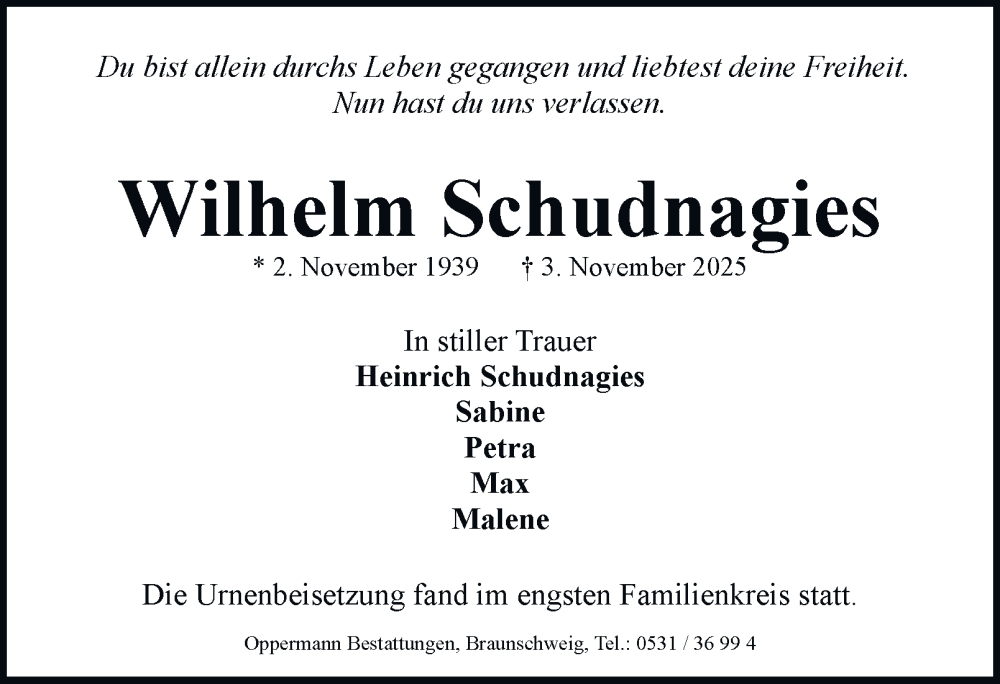  Traueranzeige für Wilhelm Schudnagies vom 06.12.2025 aus Wolfenbütteler Zeitung