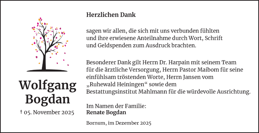  Traueranzeige für Wolfgang Bogdan vom 13.12.2025 aus Wolfenbütteler Zeitung