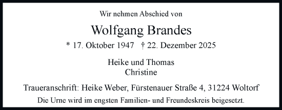Traueranzeige von Wolfgang Brandes von Braunschweiger Zeitung