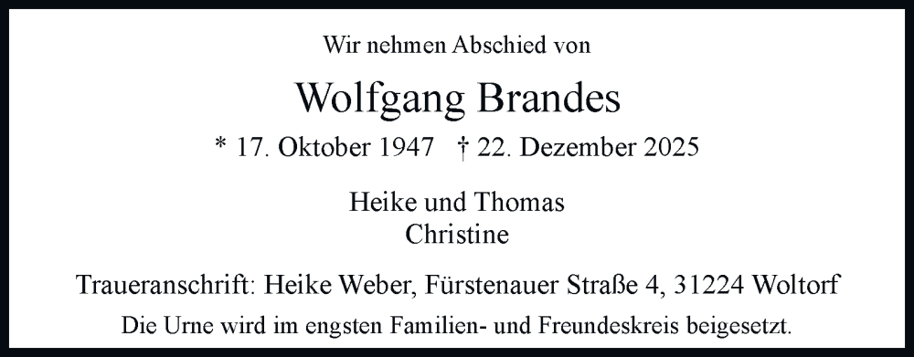 Traueranzeige für Wolfgang Brandes vom 31.12.2025 aus Braunschweiger Zeitung