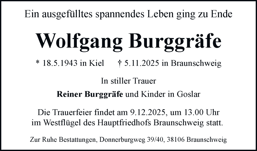  Traueranzeige für Wolfgang Burggräfe vom 06.12.2025 aus Braunschweiger Zeitung