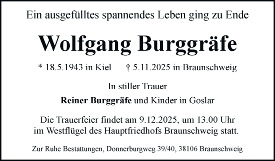 Traueranzeige von Wolfgang Burggräfe von Braunschweiger Zeitung