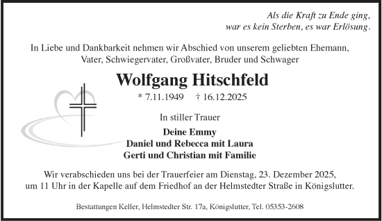 Traueranzeige von Wolfgang Hitschfeld von Helmstedter Nachrichten