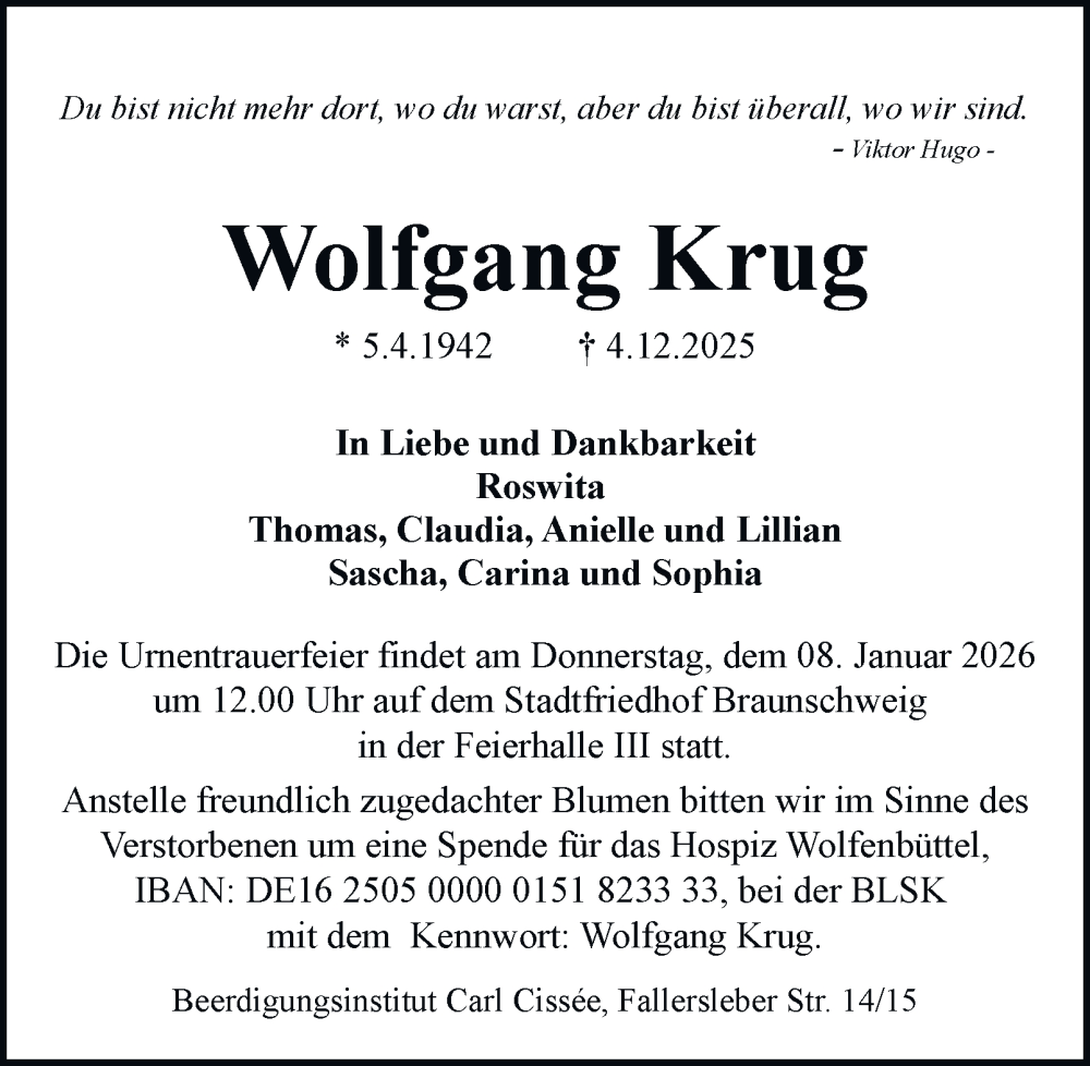  Traueranzeige für Wolfgang Krug vom 27.12.2025 aus Braunschweiger Zeitung
