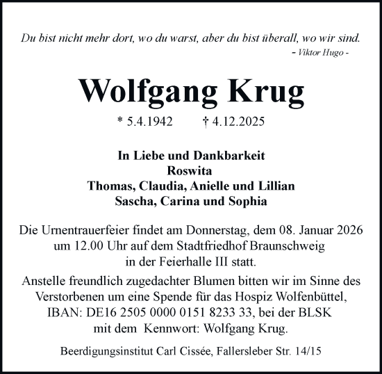 Traueranzeige von Wolfgang Krug von Braunschweiger Zeitung
