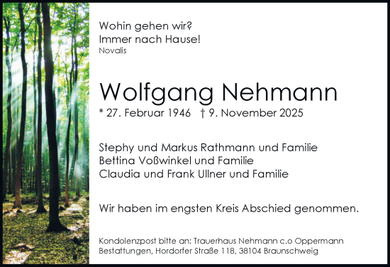 Traueranzeige von Wolfgang Nehmann von Braunschweiger Zeitung