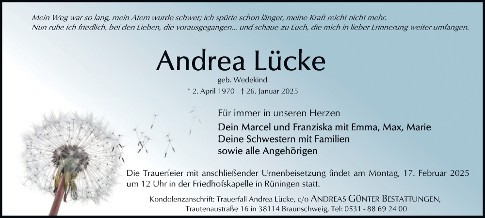  Traueranzeige für Andrea Lücke vom 01.02.2025 aus 