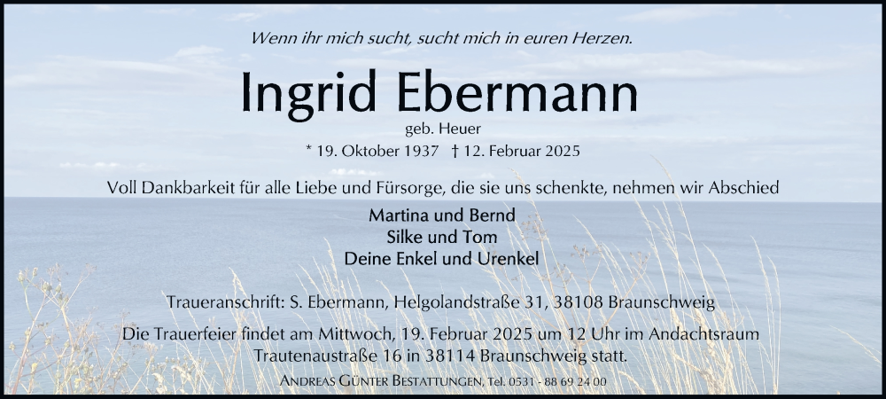  Traueranzeige für Ingrid Ebermann vom 15.02.2025 aus 