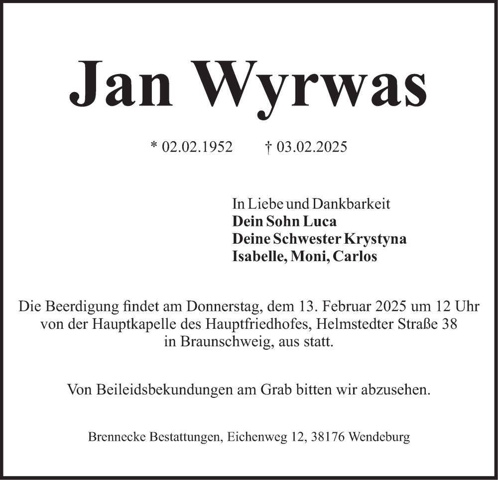  Traueranzeige für Jan Wyrwas vom 08.02.2025 aus 