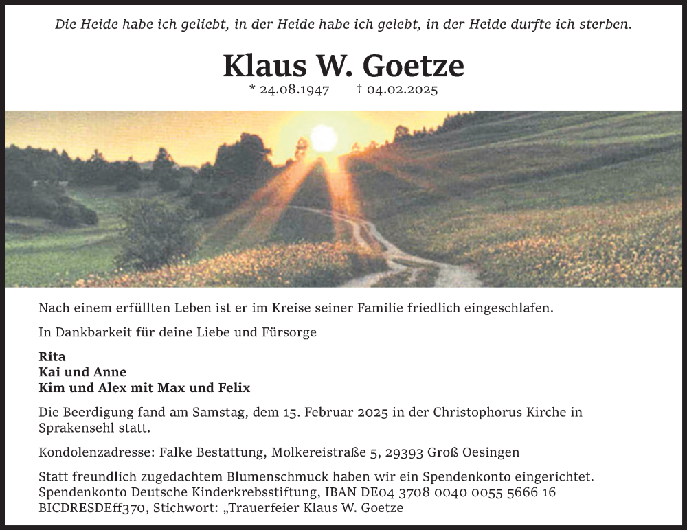  Traueranzeige für Klaus W. Goetze vom 22.02.2025 aus 