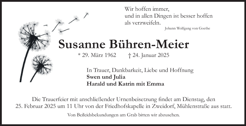  Traueranzeige für Susanne Bühren-Meier vom 15.02.2025 aus 