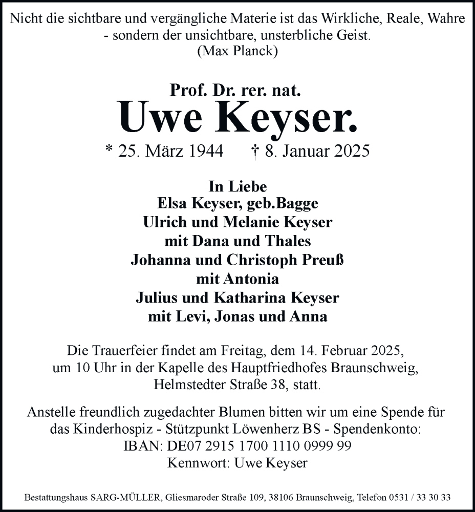  Traueranzeige für Uwe Keyser vom 08.02.2025 aus 