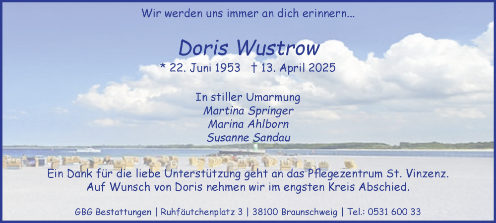  Traueranzeige für Doris Wustrow vom 26.04.2025 aus 