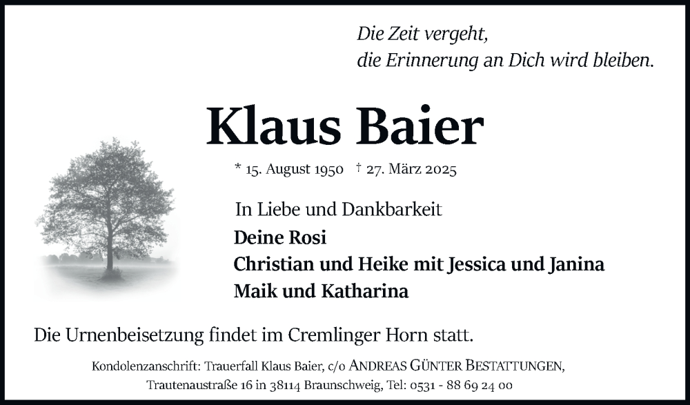  Traueranzeige für Klaus Baier vom 05.04.2025 aus 