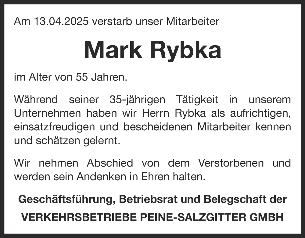  Traueranzeige für Mark Rybka vom 30.04.2025 aus Salzgitter-Zeitung