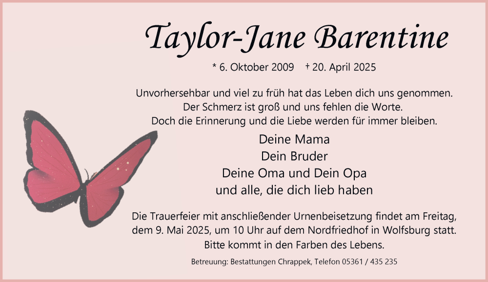  Traueranzeige für Taylor-Jane Barentine vom 26.04.2025 aus 