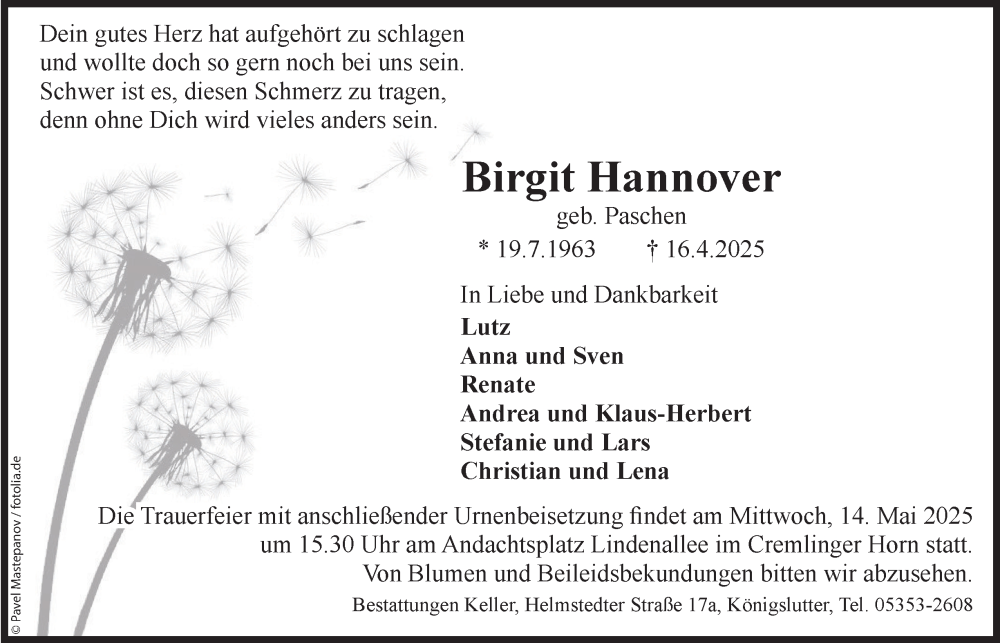 Traueranzeige für Birgit Hannover vom 03.05.2025 aus Helmstedter Nachrichten