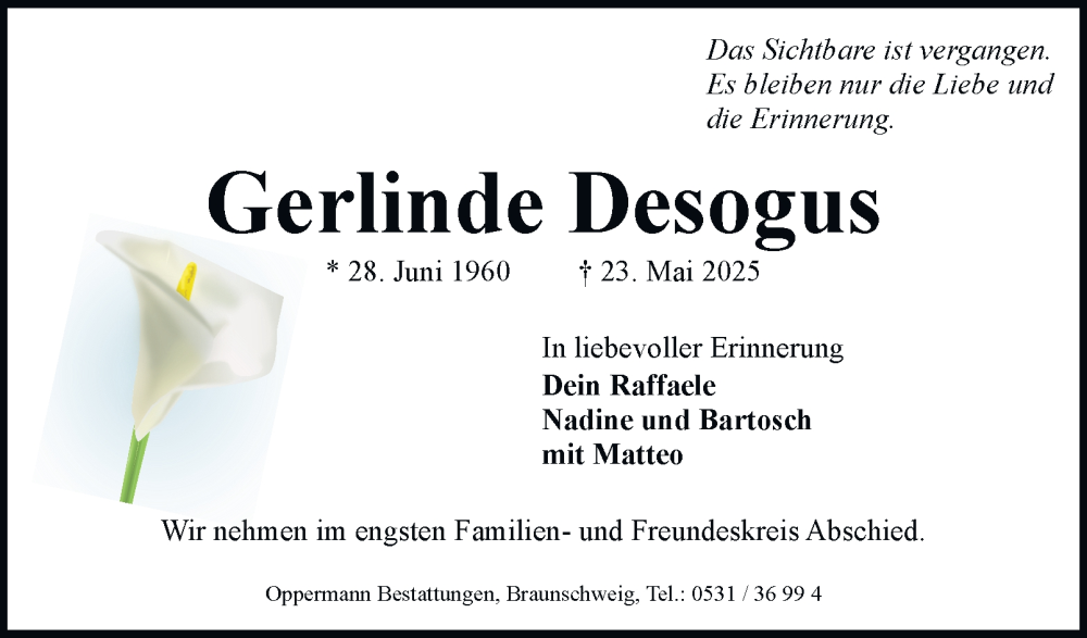  Traueranzeige für Gerlinde Desogus vom 31.05.2025 aus 