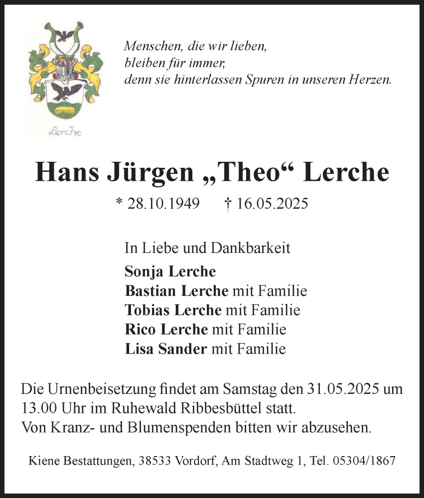  Traueranzeige für Hans Jürgen Lerche vom 27.05.2025 aus 