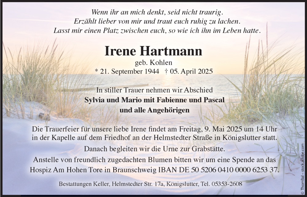  Traueranzeige für Irene Hartmann vom 03.05.2025 aus Helmstedter Nachrichten