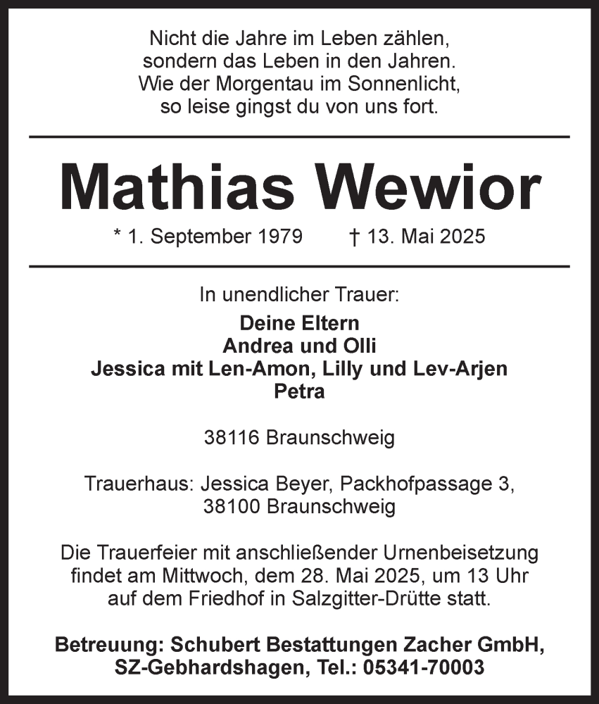  Traueranzeige für Mathias Wewior vom 24.05.2025 aus 