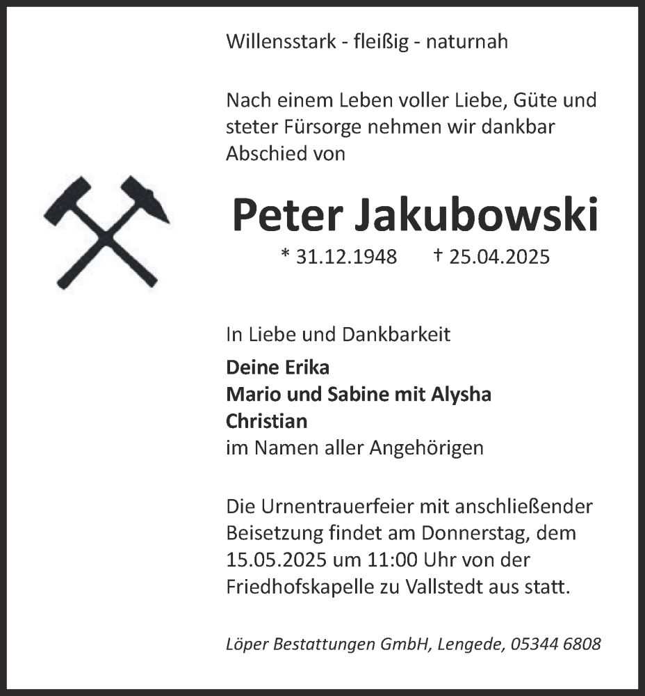  Traueranzeige für Peter Jakubowski vom 09.05.2025 aus Peiner Nachrichten