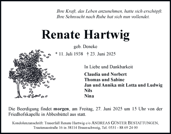 Traueranzeige von Renate Hartwig 