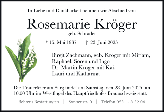 Traueranzeige von Rosemarie Kröger 