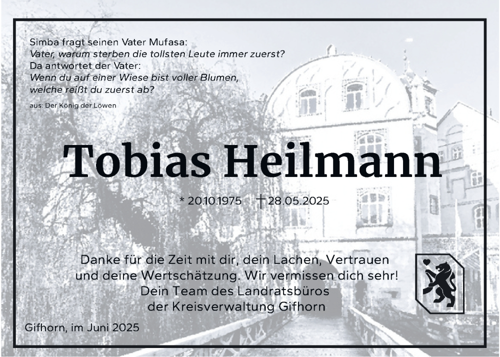  Traueranzeige für Tobias Heilmann vom 14.06.2025 aus Braunschweiger Zeitung, Wolfsburger Nachrichten