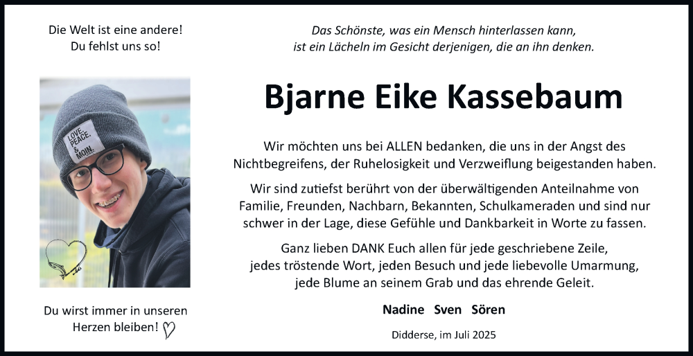  Traueranzeige für Bjarne Eike Kassebaum vom 12.07.2025 aus Braunschweiger Zeitung, Wolfsburger Nachrichten