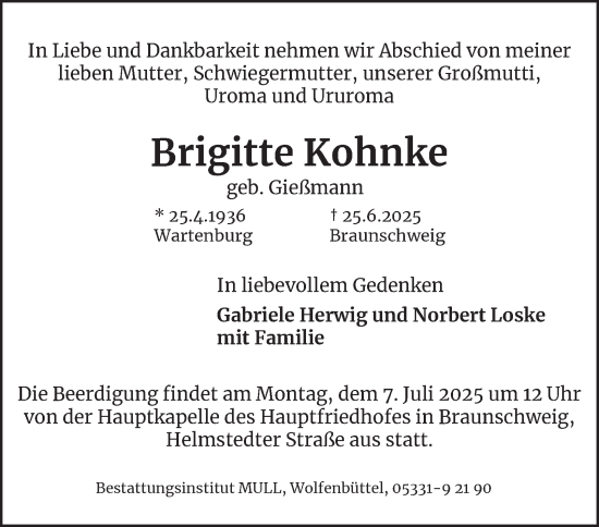 Traueranzeige von Brigitte Kohnke 