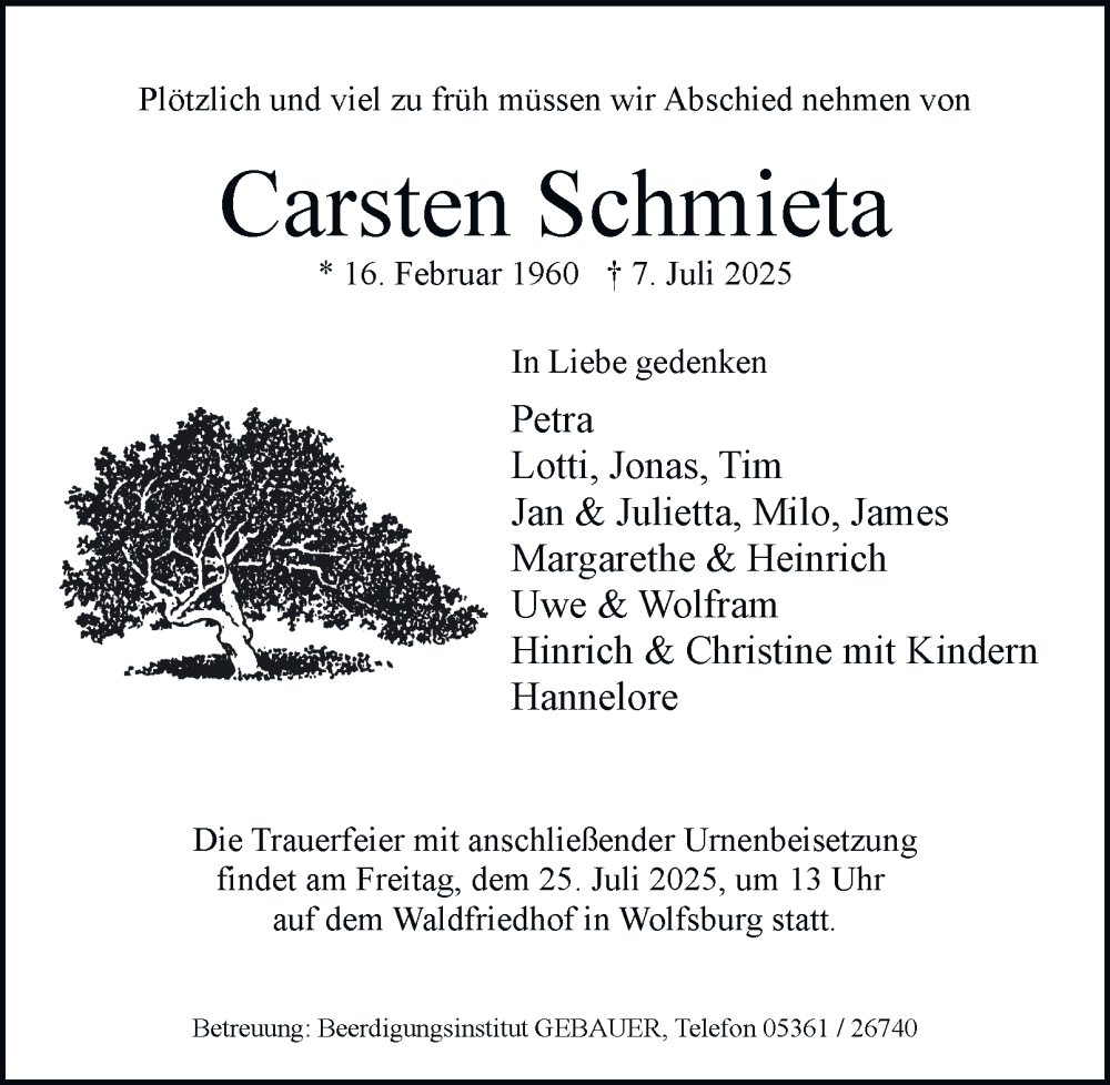  Traueranzeige für Carsten Schmieta vom 12.07.2025 aus 