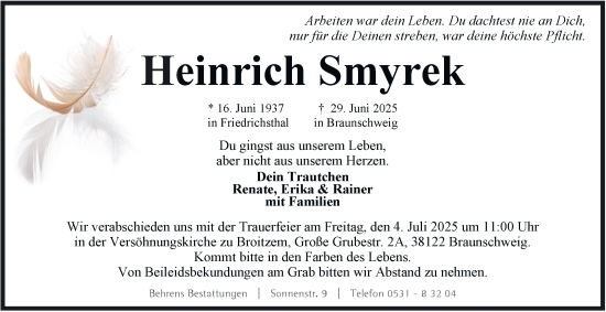 Traueranzeige von Heinrich Smyrek 