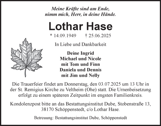 Traueranzeige von Lothar Hase 