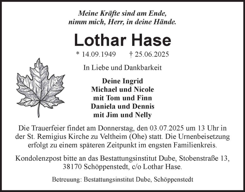  Traueranzeige für Lothar Hase vom 28.06.2025 aus 