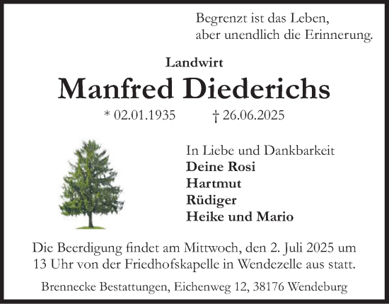 Traueranzeige von Manfred Diederichs von Peiner Nachrichten