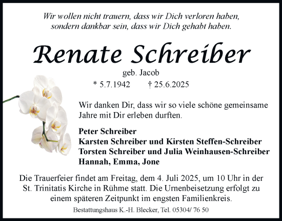 Traueranzeige von Renate Schreiber 