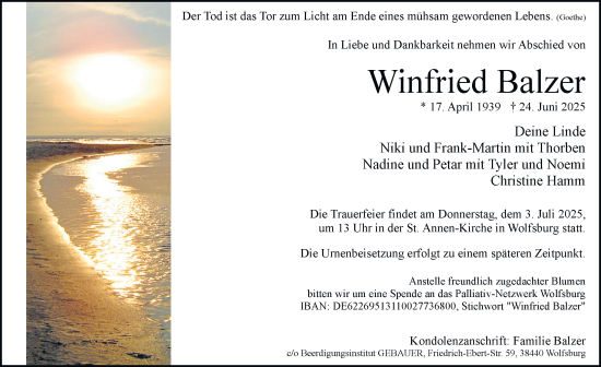 Traueranzeige von Winfried Balzer 